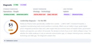 nicheBrains AI-powered SME diagnostic dashboard showing business maturity score, strongest and weakest areas, and digital transformation gaps